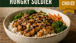 Hungry Soldier bowl with glossy chicken, rice, broccoli and carrots